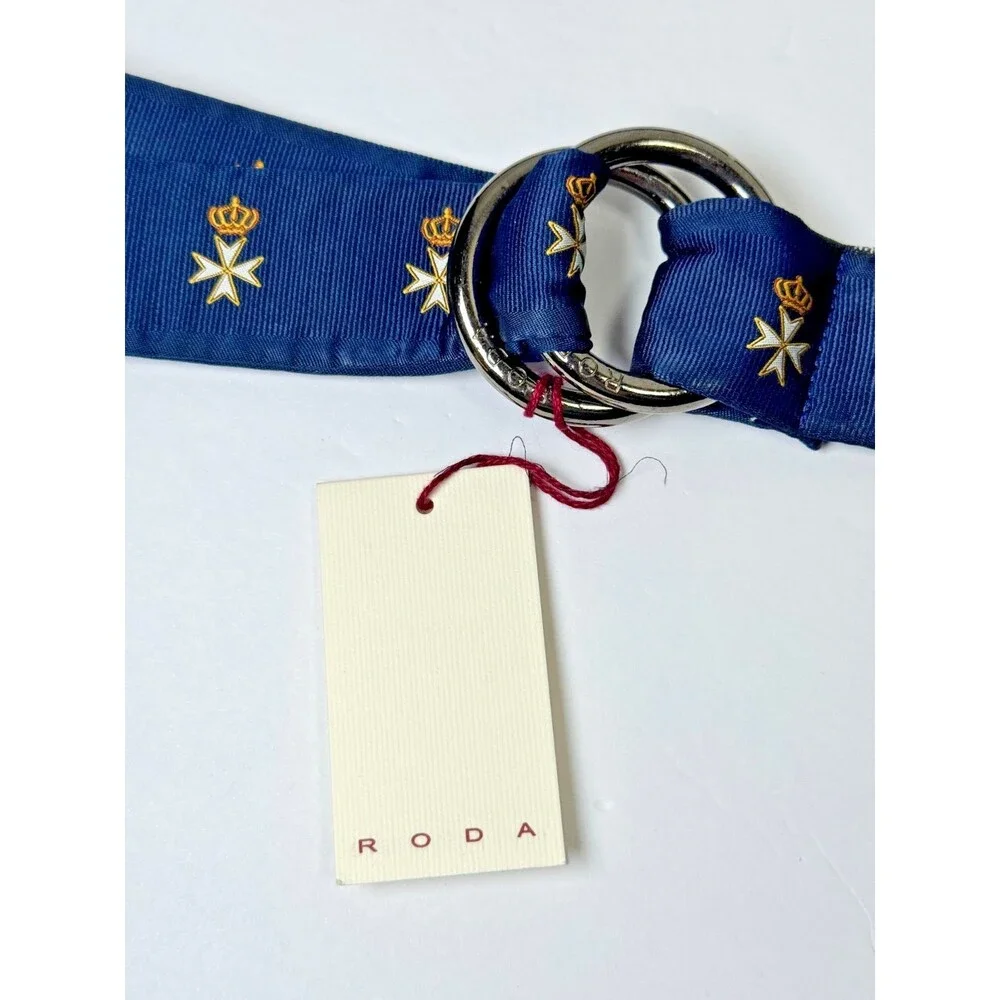 RODA Ribbon Belt Men Unisex Medium Navy Blue Maltese Cross D Ring Preppy Classic